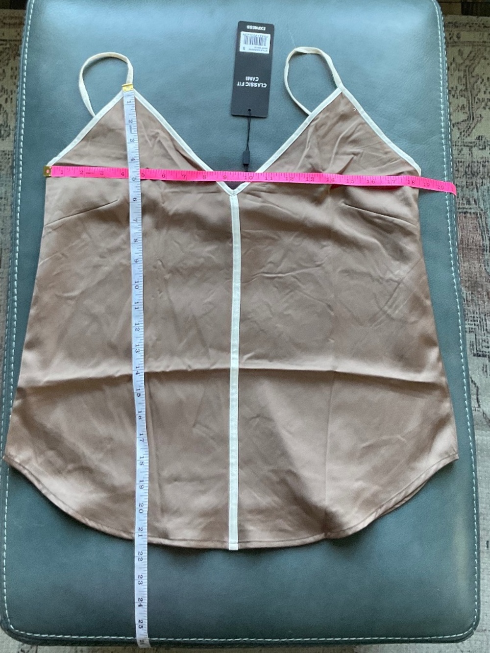 Express Brown Satin Cami sharp V-neckline contrasting white piping trim - Picture 6 of 10